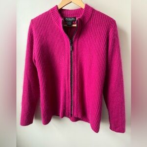 VENESHA Vintage Pink Angora Blend Ribbed Cardigan Sweater Faux Jewels Zip Cozy S